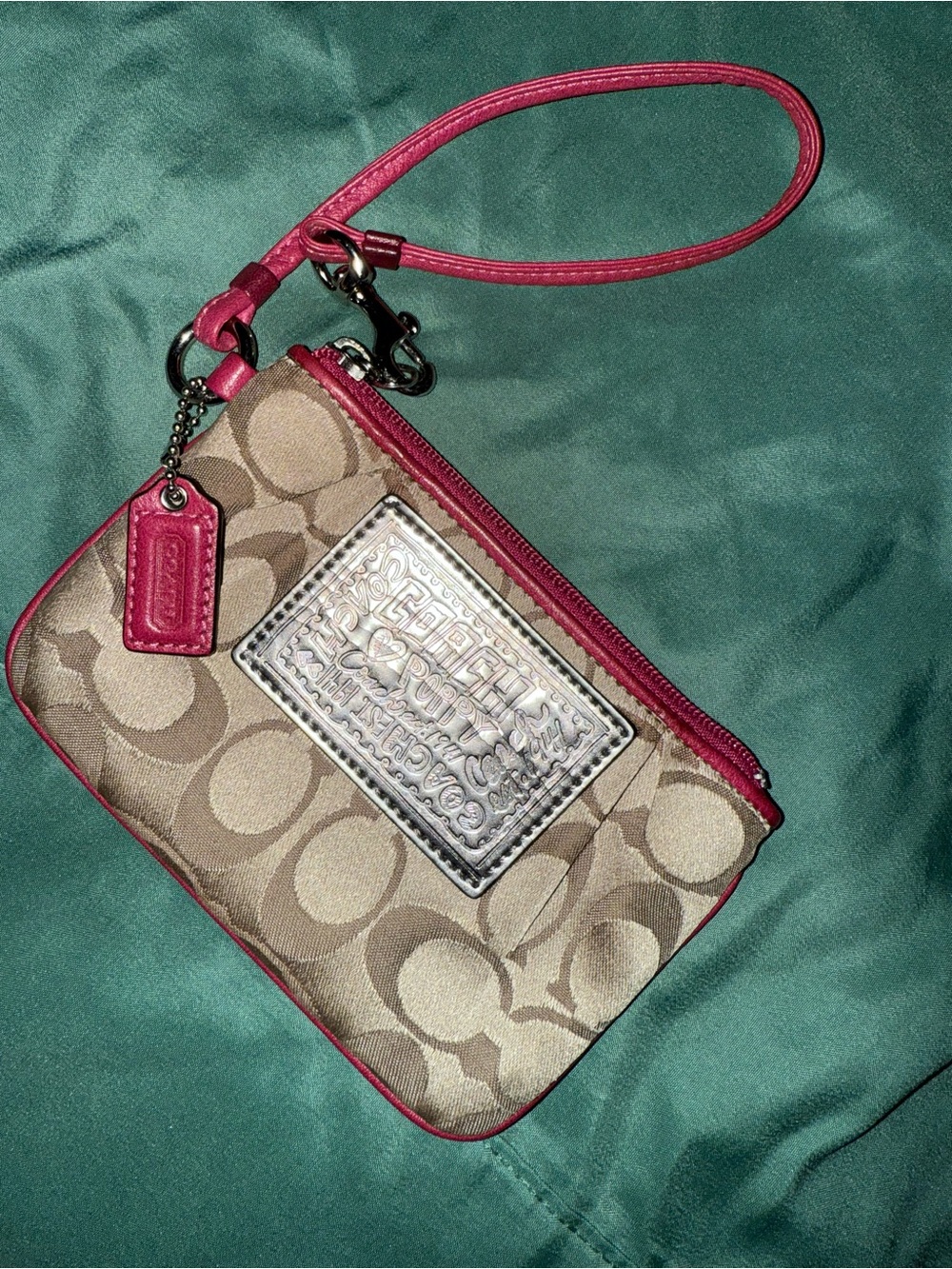 Coach Khaki Signature Canvas Wristlet with Pink Trim
